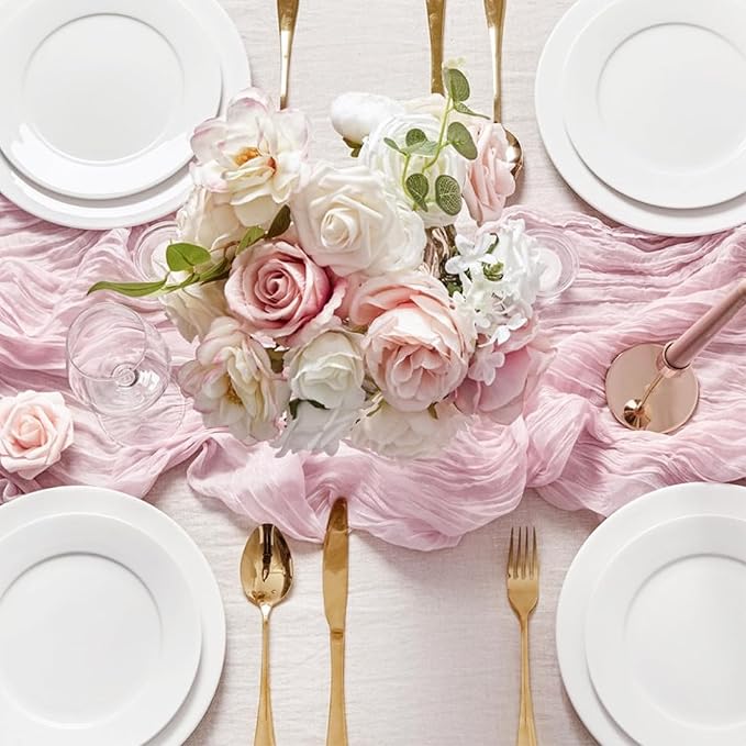 Sioloc 5 Pack Light Pink Cheesecloth Table Runner 120'' x 35'',Spring Easter Decor Soft Gauze Boho Wedding Table Decor for 10ft Table Birthday Party,Baby Shower, Bridal Shower, Home & Event Decor