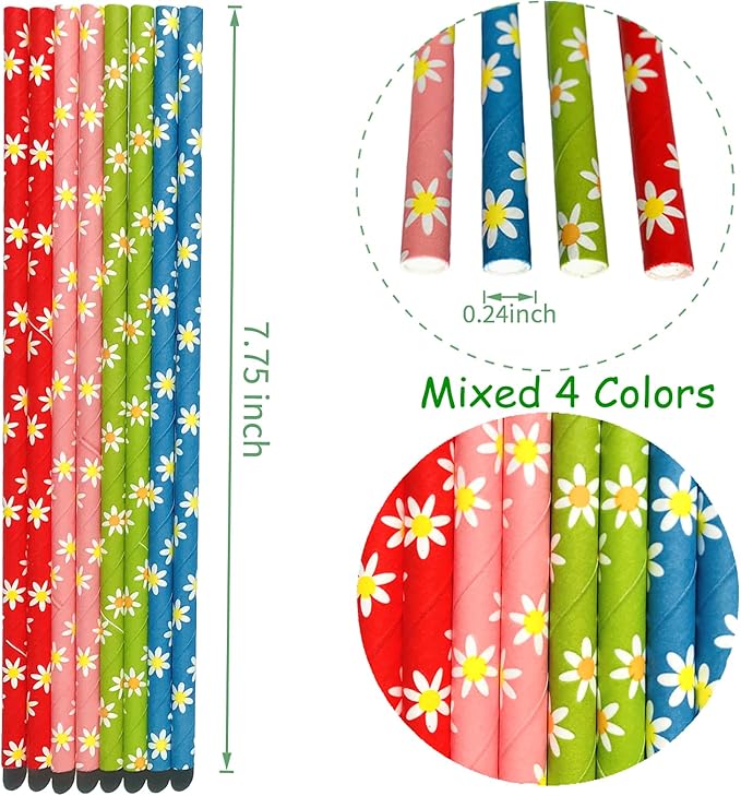 100 pcs Floral Garden Tea Party Paper Straws, Yellow White Daisy Flower Pink Blue Red Green Ditsy Drinking Straws, Vintage Spring Summer Wedding Baby Bridal Shower Cake Pop Sticks (Daisy Bouquet)
