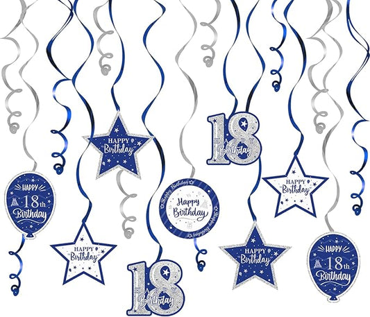 Happy 18th Birthday Blue & Silver Glitter Swirls Streamers Party Decorations - 15 Pcs 18th Birthday Hanging Swirls Streamers Kit,Cheers to Eighteen Years Old Bday Party Sign.
