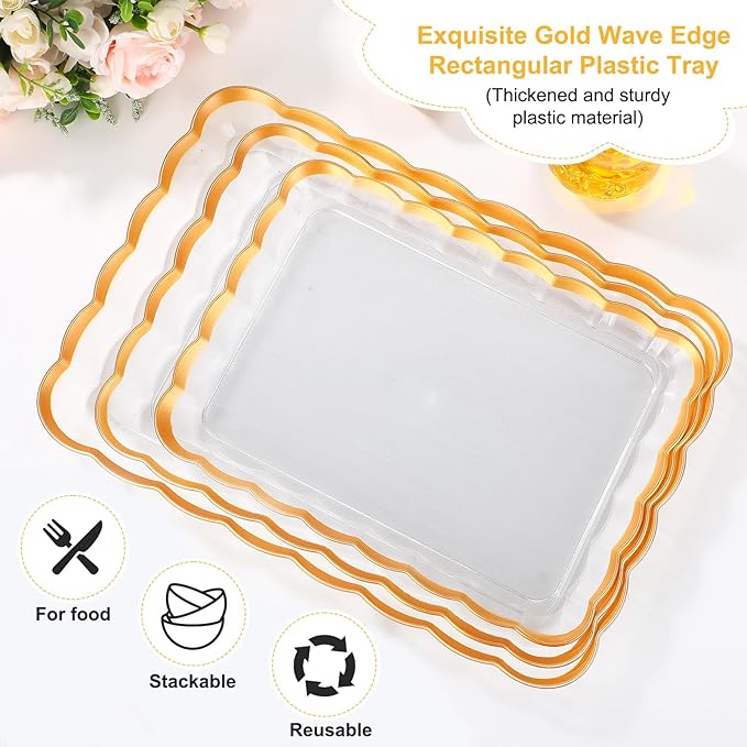 Rtteri 6 Pcs Clear Plastic Serving Trays with Gold Trim, 14 x 10, 16 x 11, 18 x 12. 5 Rectangular Acrylic Wave Serving Platters, Reusable Transparent Fruit, Appetizer Trays for Party, Wedding