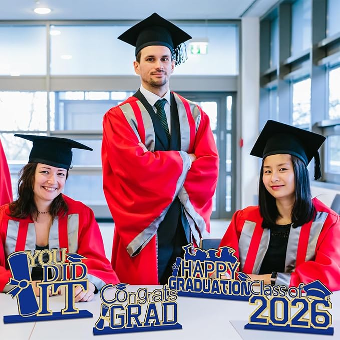 4Pcs Blue and Gold Graduation Decorations Class of 2026 Congrats Grad Wooden Table Centerpieces Grad Table Decorations for Graduation Centerpieces