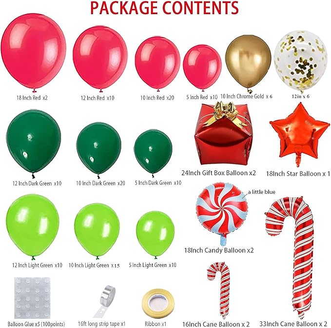 DBKL 138 Pcs Christmas Balloons Garland Arch Kit with Xmas Red Gold Green Balloons Candy Cane Gift Box Foil Balloons for Christmas Party Decorations Birthday Xmas Party Supplies