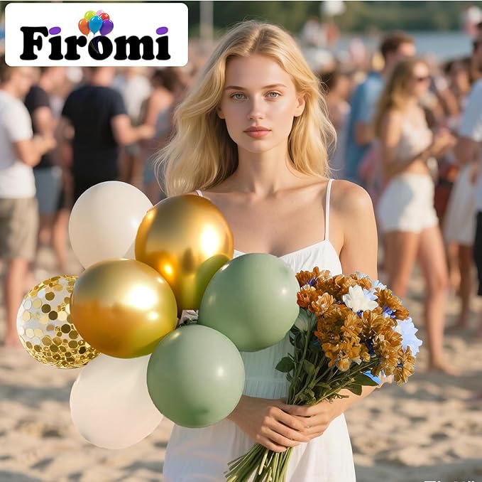 Firomi Metallic Chrome Gold and Sage Sand Latex Balloons Set 12-inch 70 Pack and Gold Confetti Party Latex Balloons for Birthday Wedding (with 2 Ribbons)