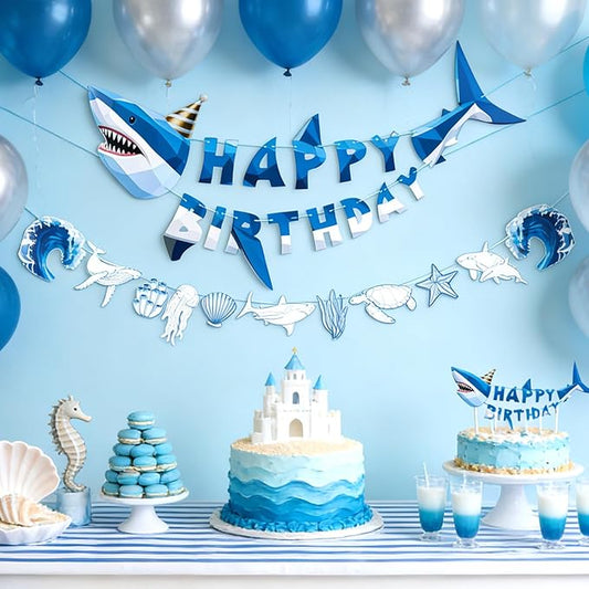 SUNBEAUTY Shark Birthday Party Decorations Shark Happy Birthday Banner Ocean Theme Hanging Shark Garland Under The Sea Pre-strung Shark Birthday Banner for Boys Baby Shower Beach Summer Pool Party（Blue）