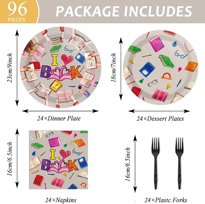 Wiooffen 96 Pcs Book Club Birthday Party Plates Napkins Tableware Set Back to School Party Supplies Disposable Dinnerware Books Decoration Favors for Library Reading Party Table Decor, 24 Guests