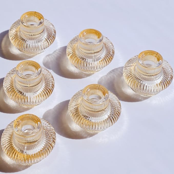 VOHO 12pcs Champagne Gold Candlestick Holders for Fall Table Centerpieces, Gold Candle Holders for Tealight Taper Candles, Vintage Ribbed Taper Candle Holders for Thanksgiving Christmas Holiday Decor