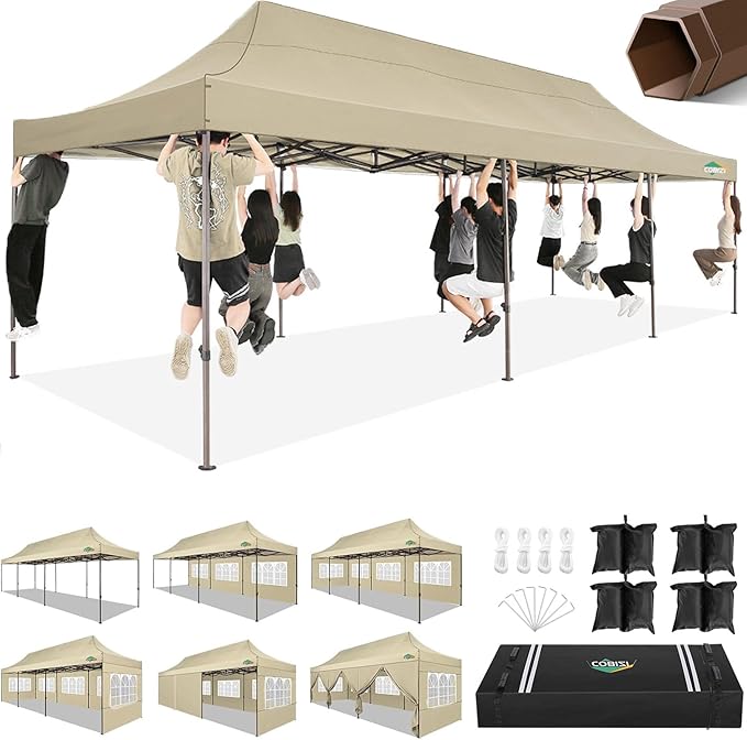 COBIZI 10x30 Pop Up Heavy Duty Canopy with 8 Sidewalls and Hexagonal Legs, Easy up Tent for Party, Wedding and Commercial, Outdoor Canopy with Carry Bag, Waterproof & UPF50+ (Khaki)
