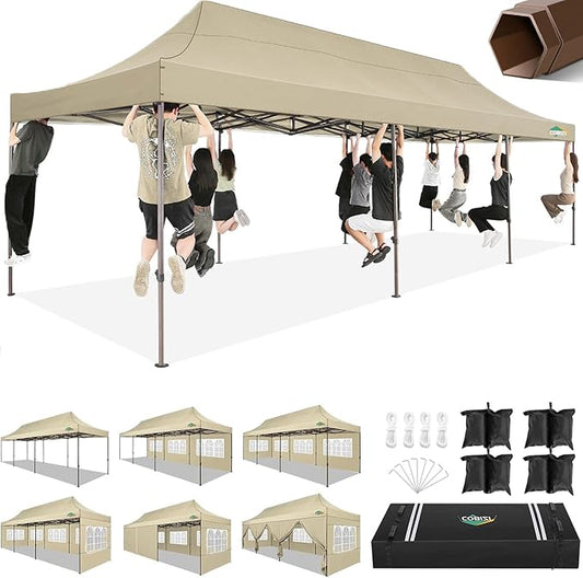 COBIZI 10x30 Pop Up Heavy Duty Canopy with 8 Sidewalls and Hexagonal Legs, Easy up Tent for Party, Wedding and Commercial, Outdoor Canopy with Carry Bag, Waterproof & UPF50+ (Khaki)