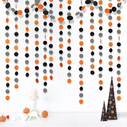 Cheerland Orange Halloween Garland Halloween Party Decorations Polka Dot Circle Streamers Banner Cute Spooky Birthday Party Themed Decor Kids Adult Fall Orange and Black Office Classroom Backdrop 52Ft