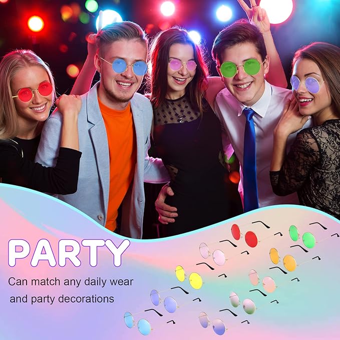 ONESING 8-20 Pairs Round Hippie Sunglasses Circle Sunglasses for Women Glasses Multicoloured Hippie Headband Disco Party