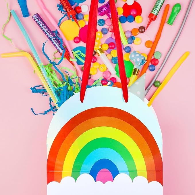 FYSUIMU 15 Pcs Rainbow Paper Gift Bags with Handle Holographic Colored Rainbow Party Favor Bags Iridescent Goodie Candy Treat Bag for Kids Birthday Pride Day Baby Shower Wedding Holiday Party Supplies