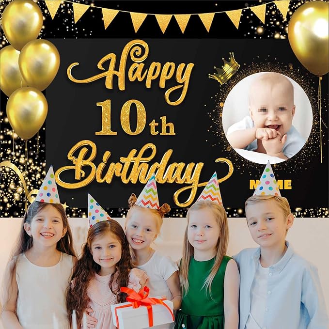 Custom Happy 10th Birthday Decorations Banner -10 Years Old Birthday Decorations Backdrop for Women Men Boys Girls - Personalization Happy 10th Birthday Party Decorations Supplies - Black and Gold