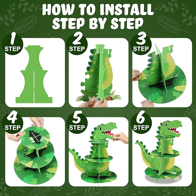Censen 3 Tier Dinosaur Cupcake Stand Party Decorations Dinosaur Theme Cupcake Holder Decorations Dino Dessert Tower for Kids Jungle Dino Theme Party Birthday Supplies (Lovely)