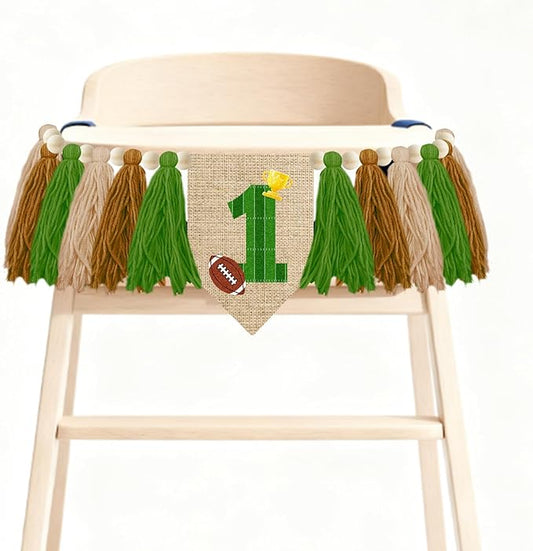 Football Theme 1st Birthday High Chair Banner Green and Brown Yarn Tassel Garland 1 Year Old Birthday Party Decoration with Football Gold Trophy Patterns and Wood Beads for Photo Booth Props