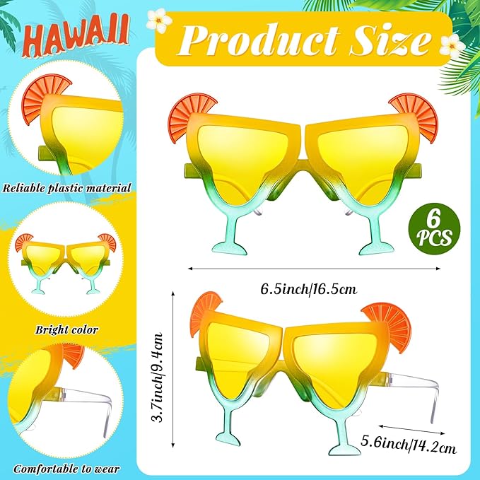 6 Pcs Margarita Funny Sunglasses Party Decor Eyeglasses Hawaiian Sunglasses for Summer Beach Luau Tropical Party(Yellow-green)