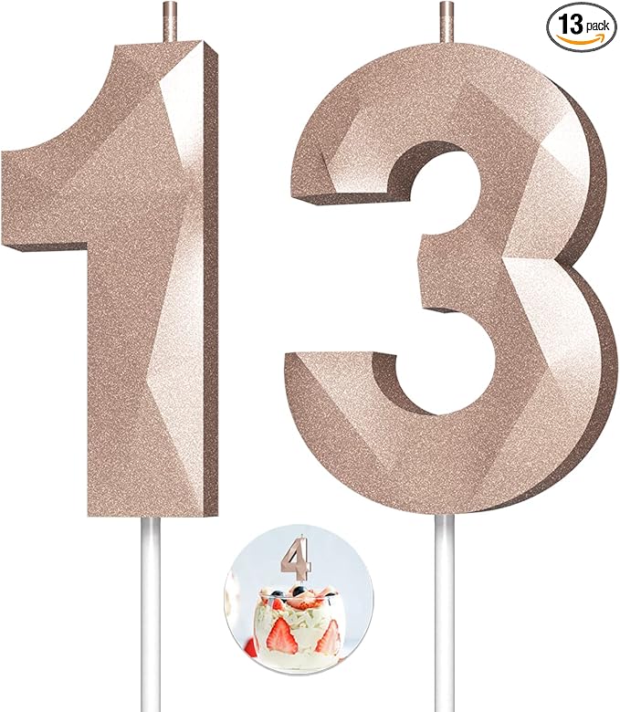 Number Birthday Candles(13 Candle Rose Gold) 3D Diamond Shape Number Happy Birthday Cake Candles for Birthday Party Wedding Decoration Reunions Theme Party