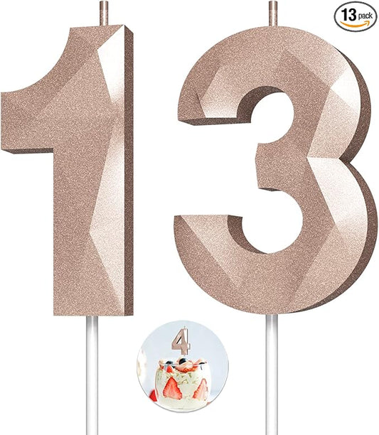 Number Birthday Candles(13 Candle Rose Gold) 3D Diamond Shape Number Happy Birthday Cake Candles for Birthday Party Wedding Decoration Reunions Theme Party