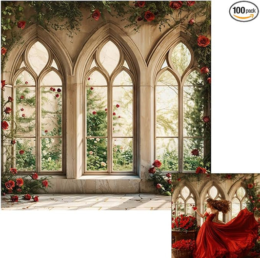 Kate 8x8ft Gothic Window Red Rose Backdrop Vintage Floral Castle Arched Window Photo Background for Wedding Bridal Shower Birthday Party Photoshoot Decor