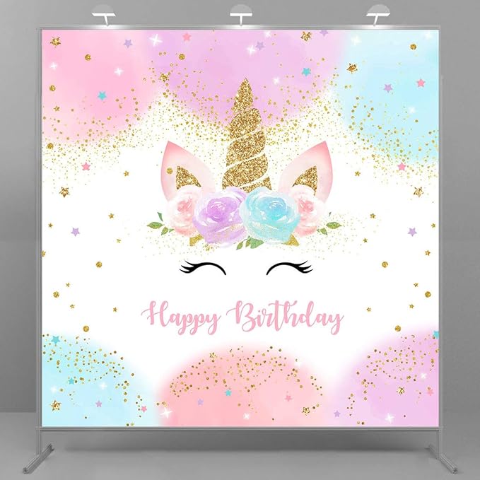 Mocsicka Unicorn Birthday Decorations Backdrop for Girls Party 6x6ft Pastel Rainbow Glitter Stars Dots Happy Birthday Banner Photo Booth Props