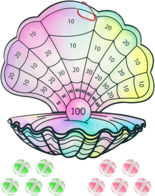 Mermaid Dart Board for Party Games, Shell-Shaped Colorful Felt Dartboard for Under The Sea & Little Mermaid Birthday Party Decorations, Fun Kids Party Favors & Birthday Games (17.7x17.7 Inch)