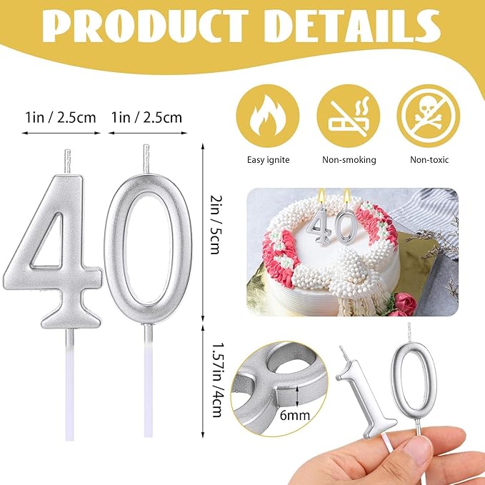 32 Pieces Numeral Birthday Candles Silver Cake Glitter Candles Number 0-9 Cake Decoration for Child's Milestone Birthday Celebration Ten-Year Milestone Anniversary Party Celebration (Silver)