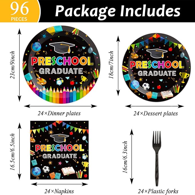 Preschool Graduation Party Supplies Pre-K Grad Tableware Set Kindergarten Graduation Plate Napkin Kindergarten Disposable Paper Dinnerware Kit for Graduate Party decoration Favor 24 Guest (Black)