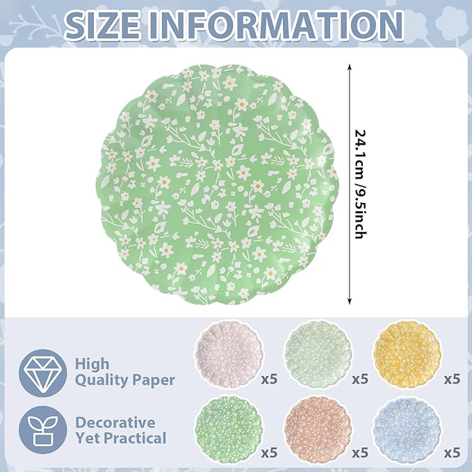 Yungyan 30 Pcs Ditsy Floral Paper Plates - 9.5'' Ditsy Scalloped Disposable Party Paper Plates Rainbow Scalloped Dessert Tableware for Christmas Winter Wedding Birthday Baby Shower Party Supplies