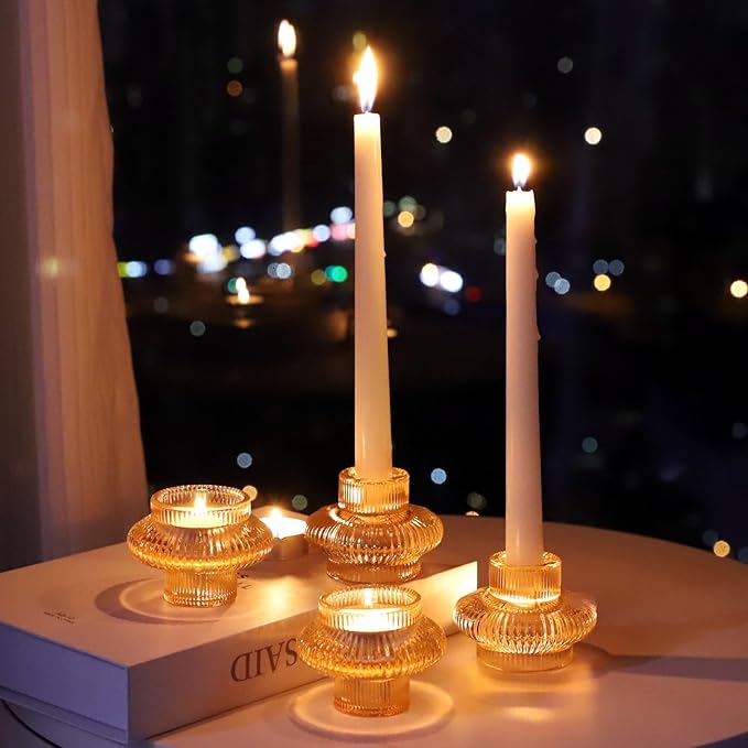 VOHO 12pcs Champagne Gold Candlestick Holders for Fall Table Centerpieces, Gold Candle Holders for Tealight Taper Candles, Vintage Ribbed Taper Candle Holders for Thanksgiving Christmas Holiday Decor