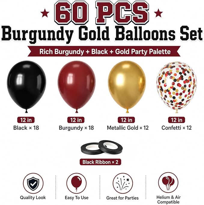 Burgundy Gold Balloons, 60Pcs Burgundy Balloon, 12 Inch Metallic Gold Wine and Black Latex Balloons for Birthday Party Bachelorette Graduation Anniversary Bridal Shower Celebration Party Decorations