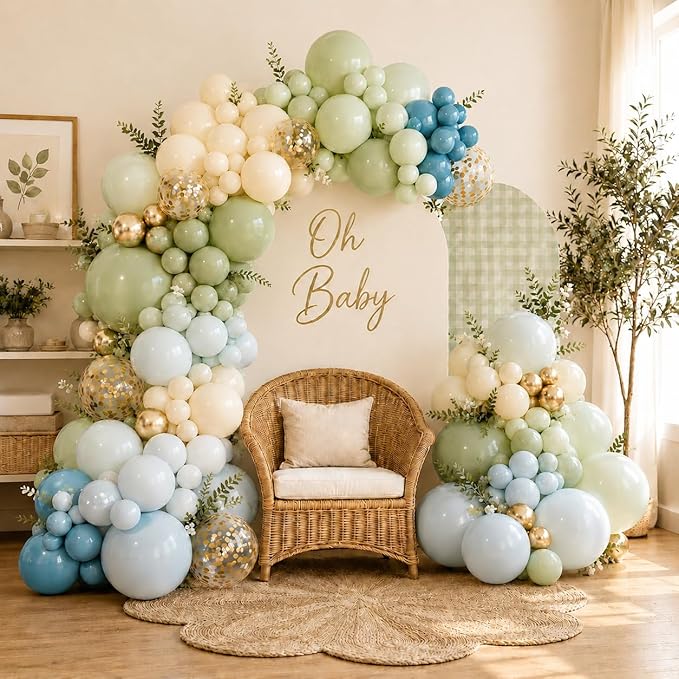 Jobkoo 122Pcs Dusty Blue Sage Green Balloon Garland Kit, Dino Green Slate Blue Beige Metallic Gold Confetti Balloon Arch Kit for Boho Birthday Woodland Safari Baby Shower Party Decorations