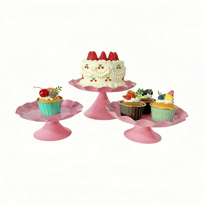 3 Pcs Metal Cake Stand Set, Scalloped Edge Cupcake Tray Dessert Display Platter, Decorative Serving Stand for Wedding, Birthday, Tea Party,Baby Show (Pink)