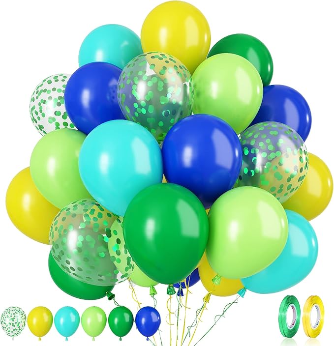 Paready Green and Blue Balloons, 60 Pcs 12 Inch Navy Teal Blue Dark Green Latex Balloons, Teal Yellow Light Green Confetti Balloon for Jungle Dinosaur Birthday Party Baby Shower Decorations