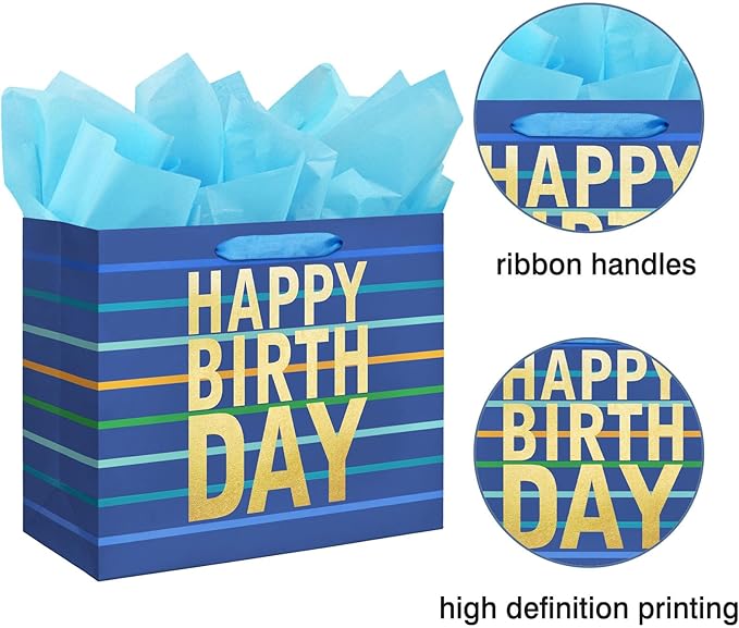 16.5" Blue Gift Bag with Tissue Paper, Card and Handles for Men's Birthday, Kids' or Baby Boy (Stripe) (Extra Large Blue)