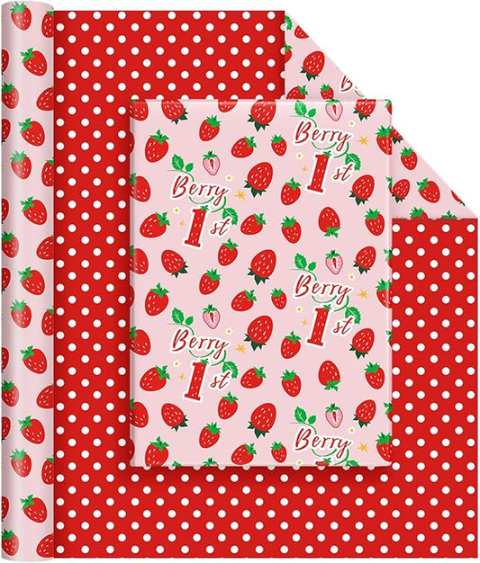 WERNNSAI Berry First Birthday Wrapping Paper - 1 Roll 17”x 33ft Pink Strawberry Gift Wrapping Paper Sweet One Birthday Packing Supply Baby Shower Party Favors Berry Sweet Design