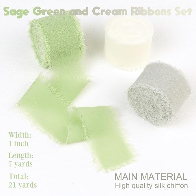 Sage Green Chiffon Ribbon 1 Inch x 21Yds Handmade Fringe Chiffon Silk Ribbon Sage Green/Desert Sage/Cream Frayed Chiffon Ribbon for Wedding Invitation Flower Bouquets Bridal Shower Gift Wrapping