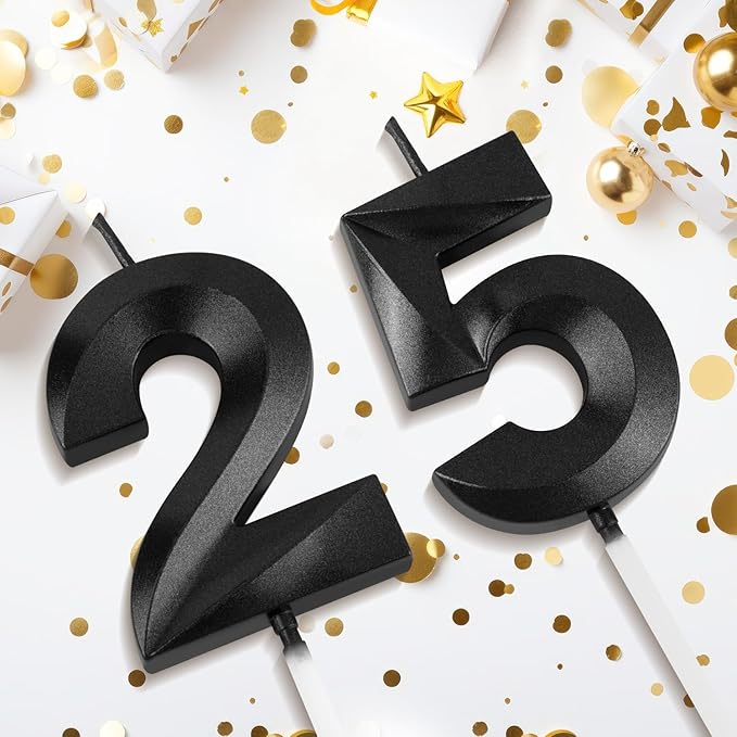 Number 25 Birthday Candles, 1.96 Inch Happy Birthday Cake Candles Cupcakes Topper Decoration for Birthday Party Wedding Anniversary Celebration Supplies (Black)