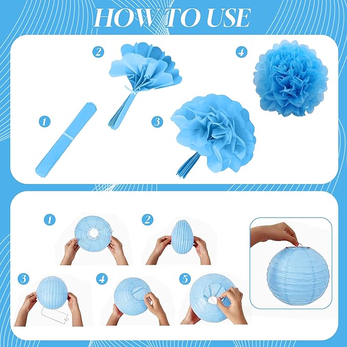 BEISHIDA Blue White Tissue Hanging Paper Flowers Lanterns Party Decorations Set for Birthday Graduation Baby Shower Bridal Bachelorette Wedding Photo Booth Backdrops Party Supplies(18 Packs)