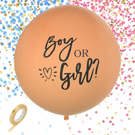 BLOOMWIN Beige Gender Reveal Balloon 36 inch - Boy or Girl Balloon with Pink and Blue Confetti - Gender Reveal Decorations Neutral Colors Bear Baby Shower