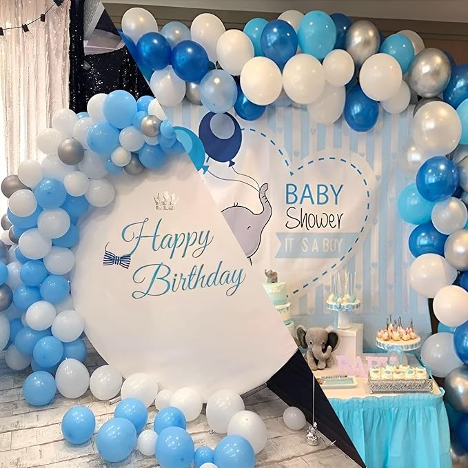OuMuaMua 62pcs Blue Silver White Confetti Balloons Kit, 12 Inch White Royal Blue Metallic Silver Confetti Balloons for Boy Birthday Baby Shower Graduation Party Supplies