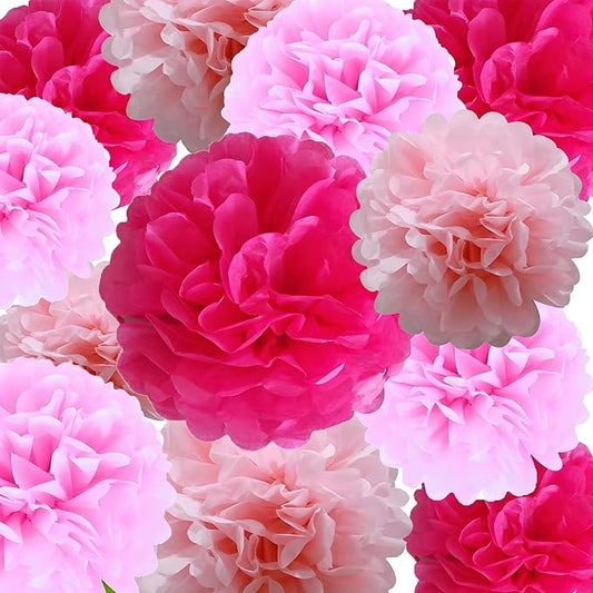 Hot Pink Tissue Paper Pom Poms12Pcs Hanging Paper Flowers for Valentine's Women's Mother's Day Bachelorette Engagement Wedding Birthday Graduations Christmas Any Pink Party Decor