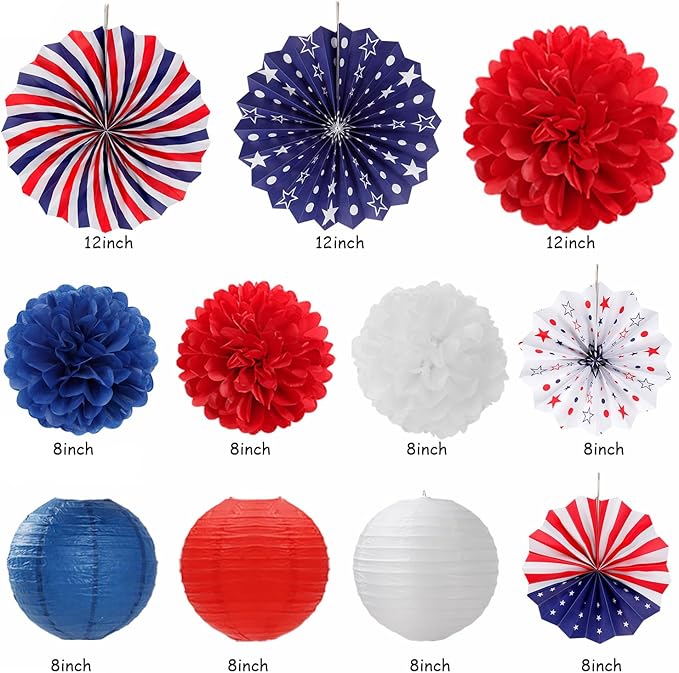 Red-White Blue Memorial-Day Patriotic Decorations - 21pcs 4th Fourth of July Americana Banner Garland,Independence Party Decor Paper Streamers Lanterns,Flower Tissue Pom Poms Fan Supplies Huglony