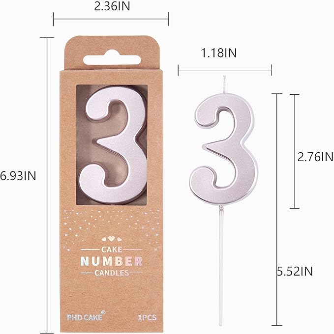 PHD CAKE 2.76 Inch Modern Rose Gold 3 Number Birthday Candles, Rose Gold Number Candles, Cake Number Candles, Party Celebration