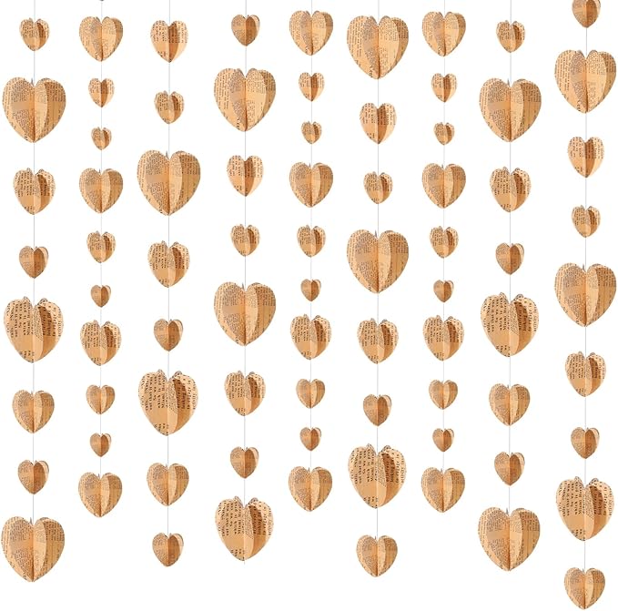 10 Pack 92 ft 3D Vintage Heart Garland Vintage Book Pages Garland Heart Newspaper Bunting Strand String Banner Backdrop for Wedding Home Birthday Party Restaurant Library Book Club Decor