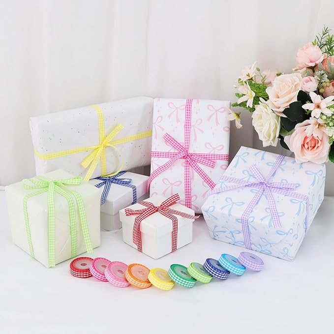 TONIFUL 3/8 Inch Gingham Ribbon 10 Colors 50 Yards Plaid Checkered Ribbons for Spring, Easter, Crafts, Gift Wrapping, Bouquet, Wedding Invitation, Bows, Baby Shower, Birthday Decoration (5Yd/Roll