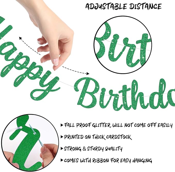 Glitter Happy Birthday Banner and Sign, Reusable Birthday Party Garland Wall Backdrop Banners, DIY Party Supplies Hanging Decorations for All Celebrations (Green)