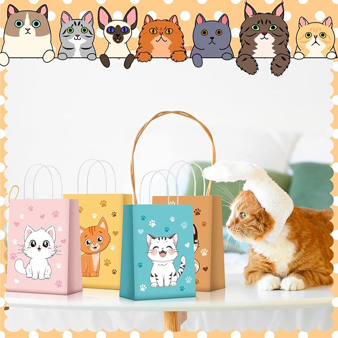 Zhanmai 48 Pcs Cat Birthday Party Favors Bags Bulk for Goodie Gifts Cute Kitty Candy Treat Paper Bags with Handles for Kitten Birthday Party Decoration Supplies Pet Adoption