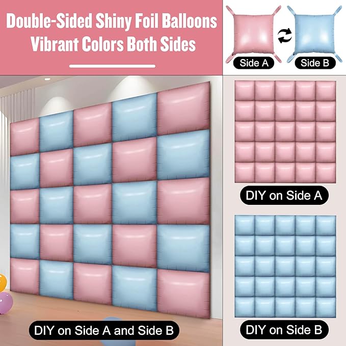 36Pcs Light Pink and Light Blue Square Foil Balloons Wall Backdrop, Double Sided Metallic Foil Balloons Tunnel Arch Garland Kit for Photo Booth Birthday Wedding Halloween Christmas Party Decorations