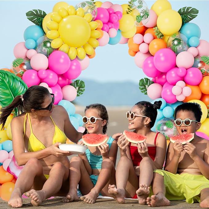 DBKL Tropical Balloon Arch Garland Kit, Luau Hawaiian Party Decorations, Rose Orange Yellow Blue Green Palm Leaves Balloons for Tropical Hawaiian Summer Birthday Pool Party Supplies
