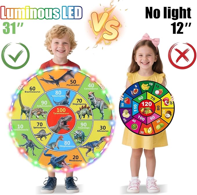 30 Inch LED Dart Board Kids Game,12PCS Sticky Balls,Indoor/Outdoor Sports Carnival Games Yard Party, Suitable for 3 4 5 6 7 8 9 10 Years Old Boys and Girls Birthday Gifts Dinosaur Toys