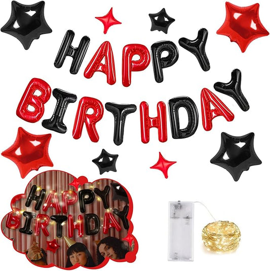 CANREVEL Happy Birthday Banner 13pcs 16 Inch Mylar Foil Letters Sign with 8pcs Star Balloons & LED Lights Birthday Party Decorations for Kids and Adults - 3D Black Red